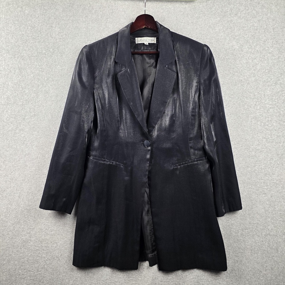 Jessica Ash Blazer Womens 10 Black Long One Button Shiny Taffeta Lined Made USA‎